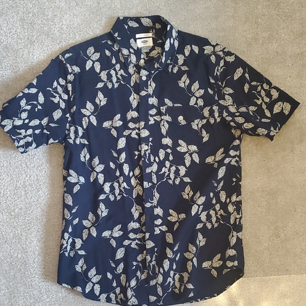 Old Navy. Navy Blue Leaf Print Men's Shirt Slim